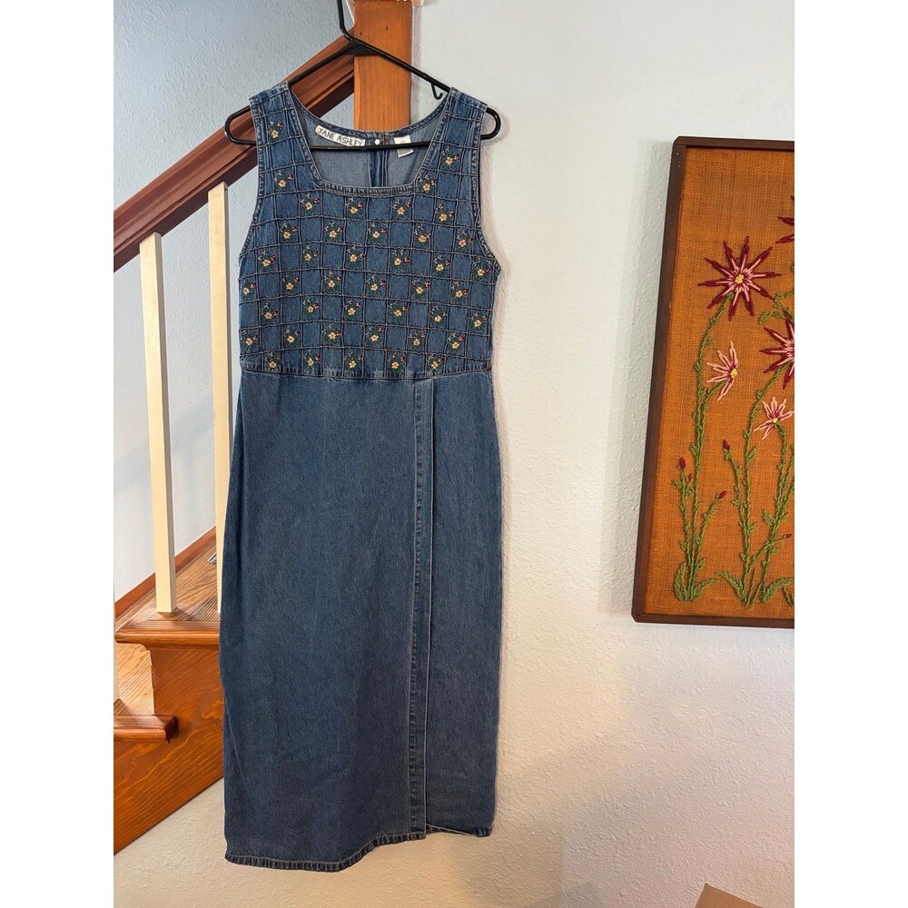 Jane Ashley denim dress S vtg cottagecore prairie teacher floral maxi midi